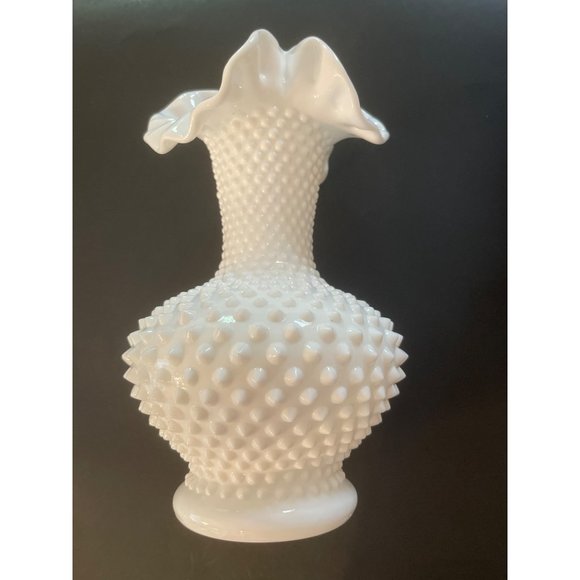 Vintage Fenton Vase Hobnail Milk Glass Bulbous Ruffle 11" White Pre Fenton Mark - Picture 5 of 7